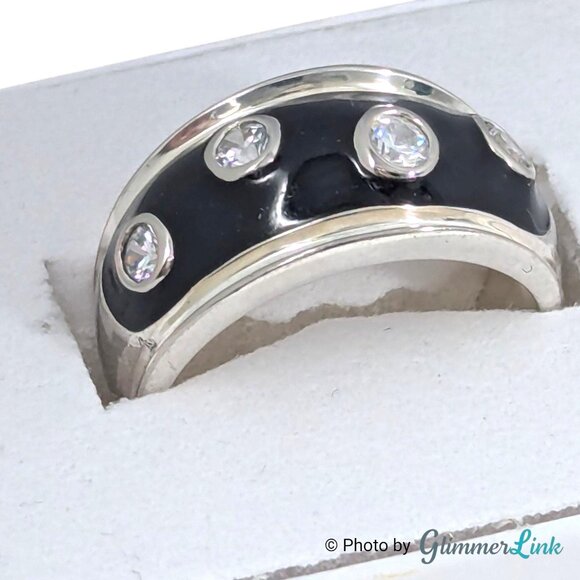 Vintage Sterling Silver Black Enamel Dome Ring CZ Stones Size 8 Thailand - Picture 2 of 12